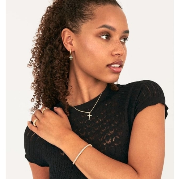 14K Gold Plated Lightweight Drop Dangle Huggie Hoop Cross Earrings White Gold - Picture 3 of 6